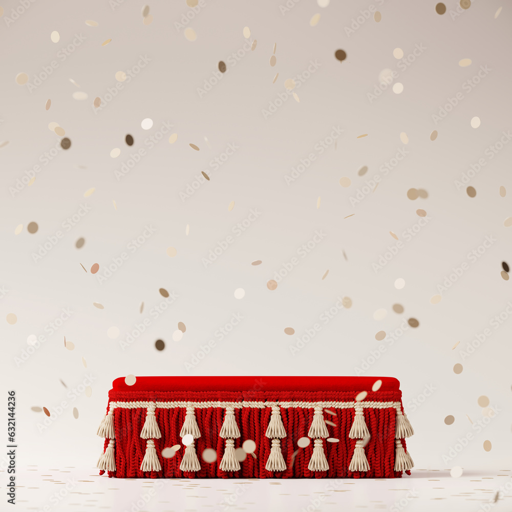 Poster minimal winter product background for sale event concept. red velvet tassel podium on off white back