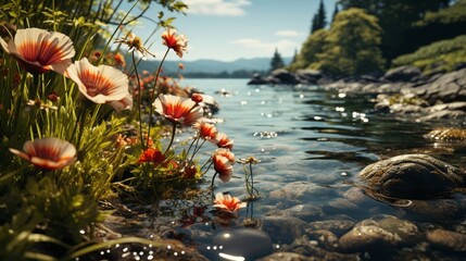 Obraz na płótnie Canvas flowers and grass are seen near the water.