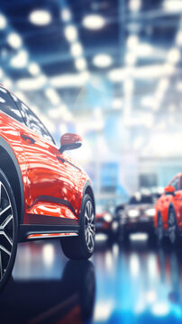 Fototapeta  Blurred new cars dealership abstract backdrop