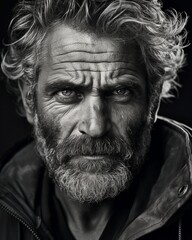 Portrait of handsome grizzled man black and white, AI generative