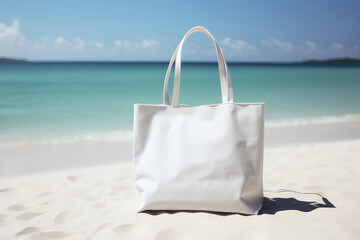 Mockup Of White Blank Tote Bag On Beach