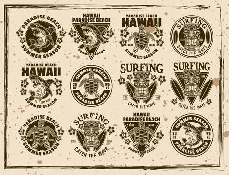 Surfing and summer vacation set of vector emblems, labels, badges or t-shirt prints in vintage style on dirty background with stains and grunge textures