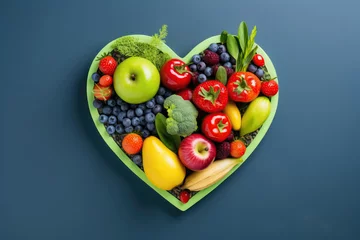 Fotobehang Heartshaped Plate With Fruits And Vegetables On Blue Background, Top View © Anastasiia