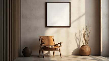 Generative AI, Poster frame mockup in beige and brown living room interior, wabi sabi minimalism style