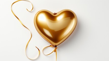 gold heart balloon on a string on a white background.