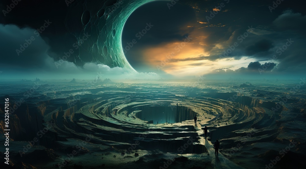 Wall mural an astronaut on an alien planet in front of the light of the space-time portal. exploration of the s
