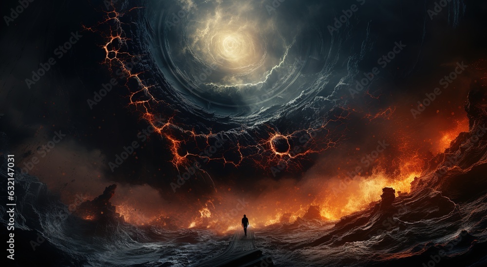 Wall mural an astronaut on an alien planet in front of the light of the space-time portal. exploration of the s