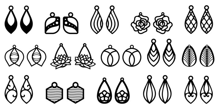 Bundle earrings icon collection. Set of black earrings jewelry. Beauty earrings icon collection