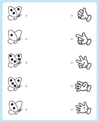 link the just butterfly to the fingers. Educational activities for children at home and at school. Worksheet for to teachers, parents, vector file. Vector illustration. 