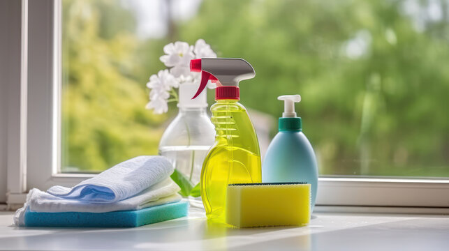 Cleaning products on blur sunny kichen background 