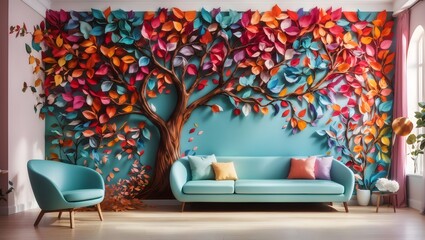 Enchanting Nature's Palette: A Whimsical 3D Tree Wallpaper for Captivating Interior Spaces