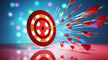 Red round shaped target with thin arrow representing concept of setting goals correctly on colorful bokeh background.