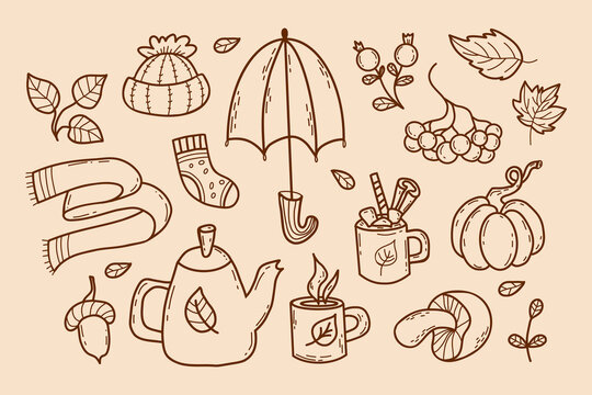 Cozy autumn doodles. Knitted hat and scarf, socks, umbrella, teapot with cups, forest mushroom, pumpkin, berries, acorn and autumn leaves. Vector illustration. Isolated outline hand drawing