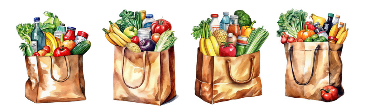 Set Of Grocery Bag With A Variety Of Groceries Peeking Out Watercolor Collection Hand Drawn Illustration Isolated Transparent Background, PNG.