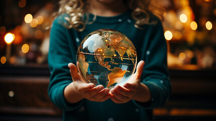 Fototapeta premium Generative AI, a hand holds a Christmas tree toy in the shape of a globe, new year, peace symbol, postcard, planet earth