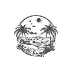 tropical island with palm tree beach logo design