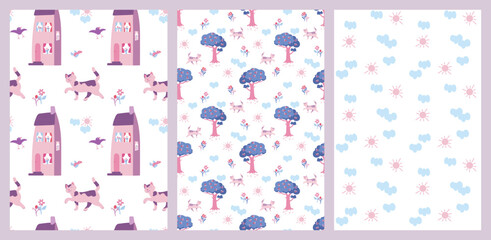Set seamless pattern country lifestyle, tree, cat, flowers, house. Background or wallpaper for print,. Vector in flat style. Endless background