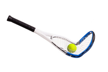 Broken tennis racket with ball in strings on white - 632150818