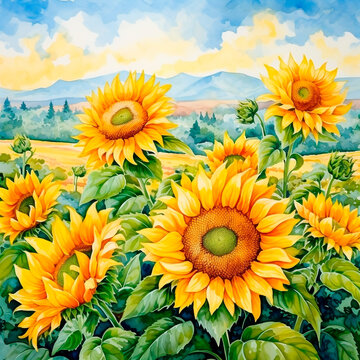 Beautiful Sunflower Field Detailed Hand Drawn Painting Illustration