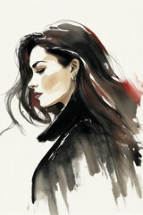 Fashion illustrations depicting women portraits created with ink and watercolor present a delicate fusion of elegance and raw artistic expression.