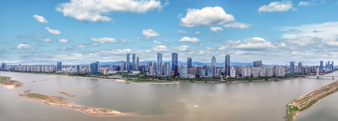 Fototapeta na wymiar Aerial photography of the architectural landscape skyline on both sides of the Ganjiang River in Nanchang CBD, China