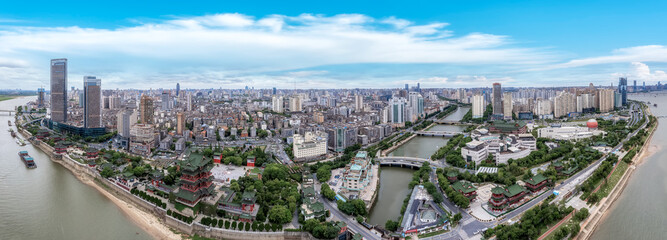Aerial photography of the architectural landscape skyline on both sides of the Ganjiang River in Nanchang CBD, China