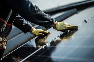 Employee of a solar panel installation company on the roof during the assembly of a photovoltaic system installation - obrazy, fototapety, plakaty