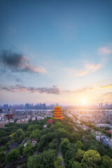 Under the sunset, Wuhan Huanghelou Ancient Building Landscape Aviation