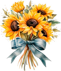 Composition with sunflower flowers tied with a satin ribbon.Illustration in a rustic style. Hand-drawn on a white background. - 632153068