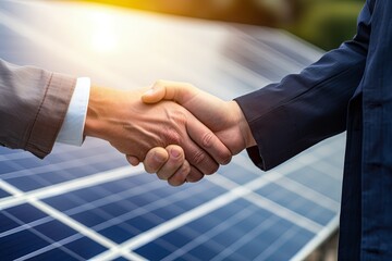 Two men, the owner of a solar panel installation company and a customer, shake hands above a solar panel. Green energy - 632153255