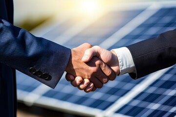 Two men, the owner of a solar panel installation company and a customer, shake hands above a solar panel. Green energy