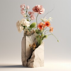 Flower composition in minimalist style. Wildflowers, pink and red poppies, white roses in unusual graphit white marble vase over studio background. AI generated art.