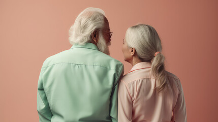 Senior white couple in love matching outfit in pastel pink green mint colors. Trendy old couple back view. Copy space for text, flat lay.