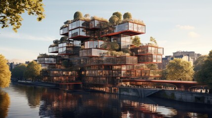 View of fashionable and modern building on the banks of the river with terraces and plants. Model of the future. AI generated art.