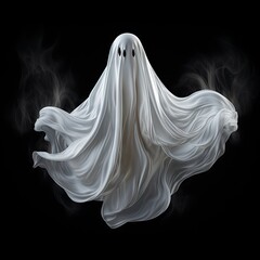 White three-eyed ghost without mouth. Cartoon horror character. Image isolated black mode background. AI generated art. Concept of halloween, mystic, holiday, fears