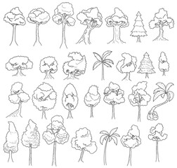 Fototapeta na wymiar Trees doodle line art collection, lineart trees isolated clipart