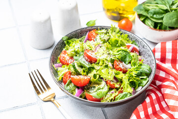 Green vegetable salad with fresh leaves. Healthy food.