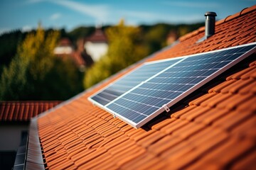 Photovoltaic solar panels on the roof of a single-family home - 632154641