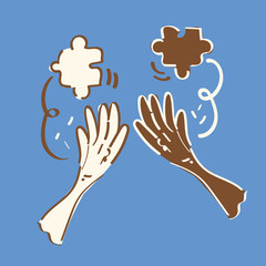 Two hands giving high five with puzzle bubble talk hand-drawn vector illlustration. Teamwork, partnership vector illsutration.