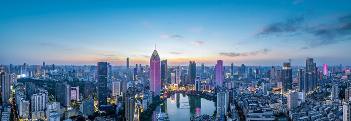 ..Aerial photography of the night view of urban architectural landscapes in Wuhan, China..