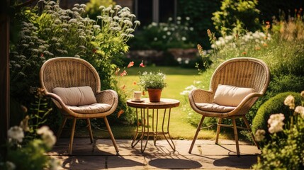 Fototapeta na wymiar Wicker chairs and a metal table in an outdoor summer garden.