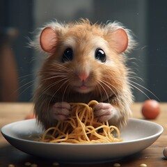 Enchanting Encounter: Cute Mouse eating and Enjoying Spaghetti in an Italian Restaurant