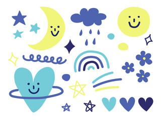 Cute space collection stickers with moon, rain, stars, planet, rainbow, hearts, clouds and flowers. Cartoon flat vector illustration on white background. Kawaii stickers for daily planner. 