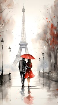 Romantic Stroll in Paris: Watercolor Painting of a Couple Under Red Umbrella