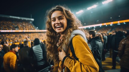 attractive girl as soccer fan cheer up in stadium, Generative AI