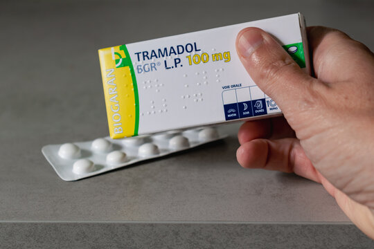Genaville, France, August 07 2023 : Tramadol box, medicine used to treat pain