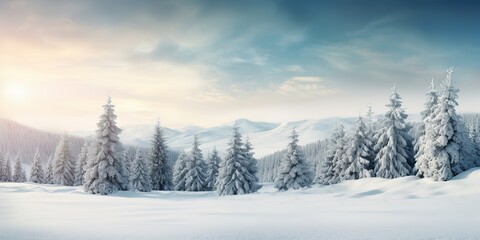 AI Generated. AI Generative. Merry christmas xmas new year winter holiday forest landscape. Decoration poster background adventure explore north