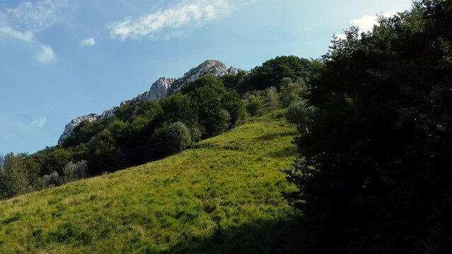 Drone approching Canzo's Horns aka Corni di Canzo in Lake Como Italy