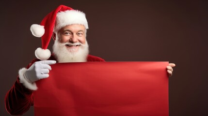 Santa Claus pointing at advertising banner with space for text. Generative AI