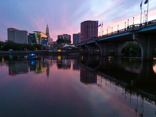 Hartford Connecticut Skyline Aerial at Sunset Night